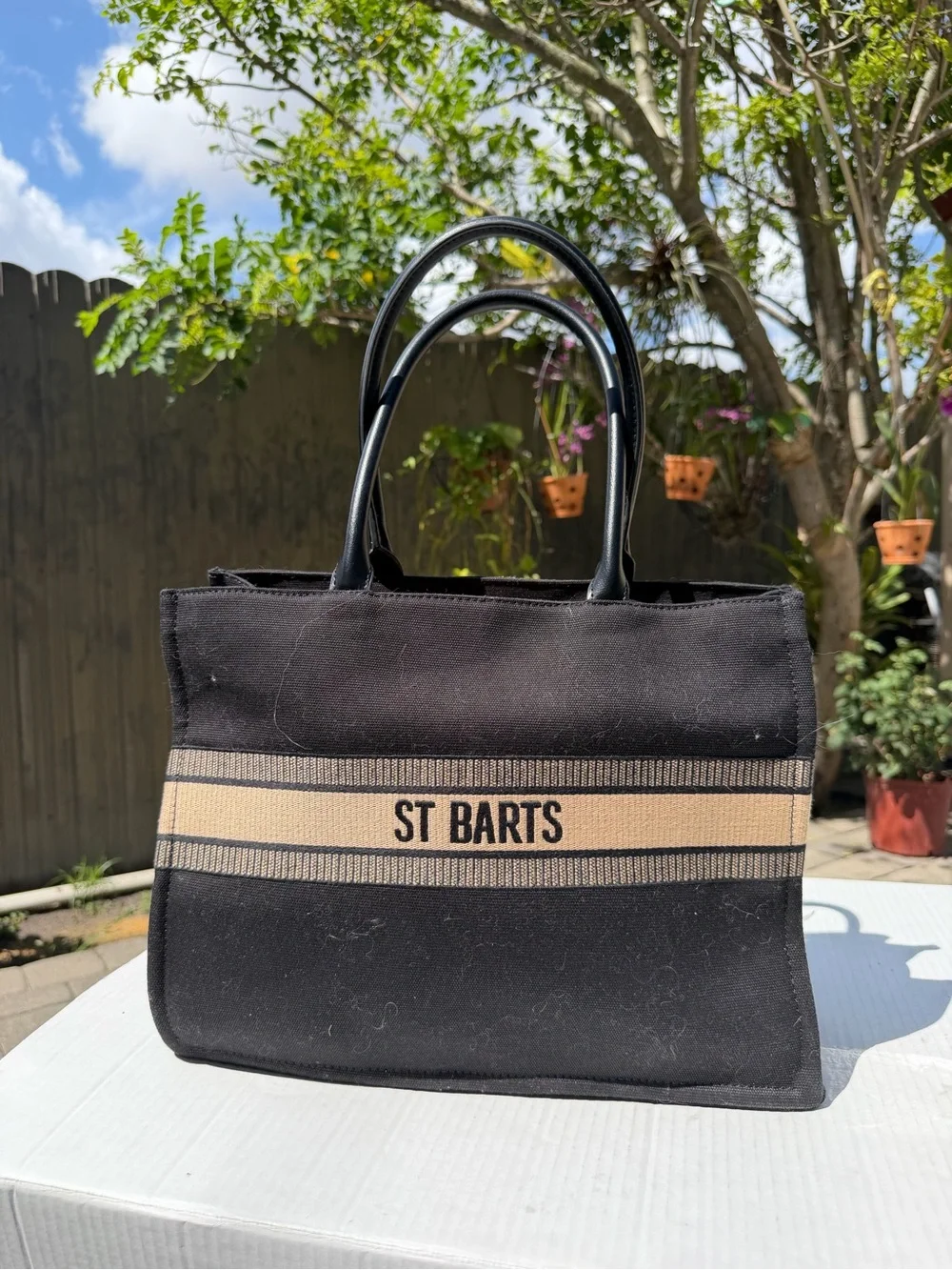 St Barts black canvas tote bag beige stripe resort beach handbag